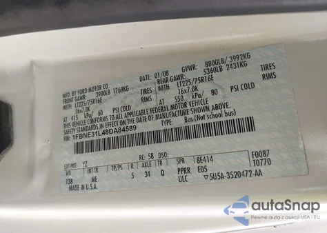 2008 Ford E-350 Super Duty Xl/Xlt z USA, uszkodzony, nr VIN 1FBNE31L48DA84589